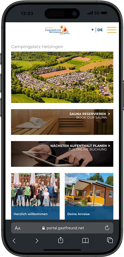 Hetzingen-App auf dem Smartphone mit Campingplatz-Infos, Sauna-Reservierung und Online-Buchung